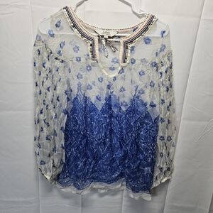 Label Ritu Kumar Blue and White Floral Semi-sheer Women's Top